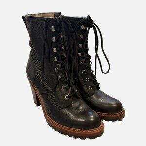 $498 Frye Lucy Black Lug Lace-Up Real Leather Fall/Winter Heeled Ankle Booties